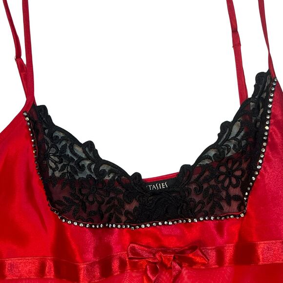 Fantasies Pajama Top Womens Large Red Mesh Black Lace Rhinestone Sleep Cami - Picture 7 of 12